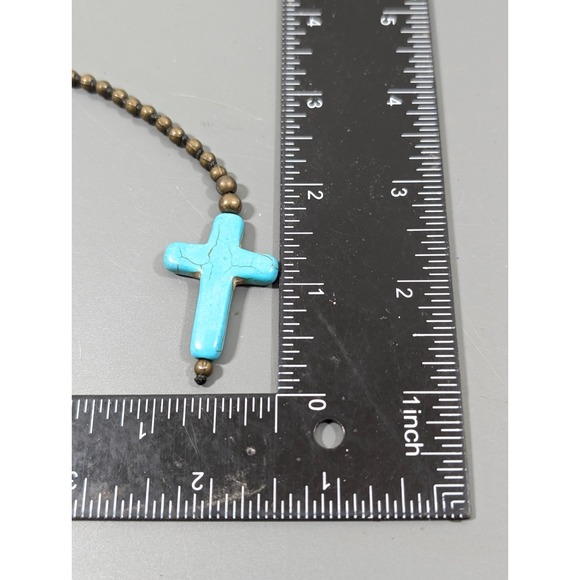 Retro Faux Turquoise Cross Y Drop Necklace Bronze Tone Bead Long Layering 30 in - Picture 7 of 7